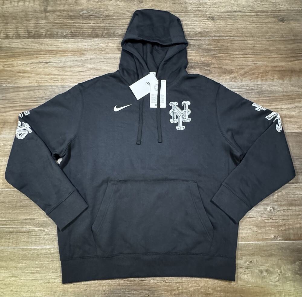 Nike New York Mets Hoodie Mens Large Black MLB 1969 1986 Graphic Pullover NWT